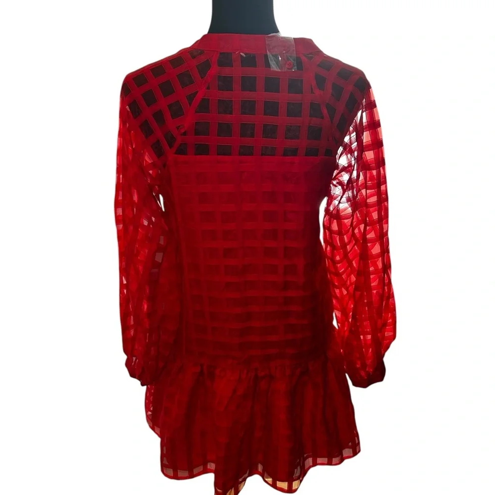English Factory Sheer Red Organza Long Sleeve Checkered Dress - Size S - Picture 5 of 7